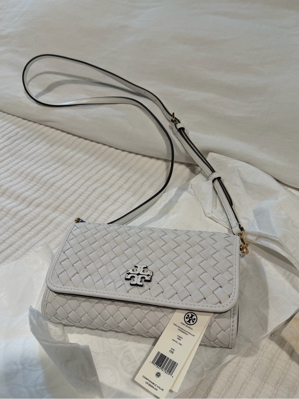 Tory Burch White Woven Leather Crossbody Thea purse clutch - Picture 6 of 9